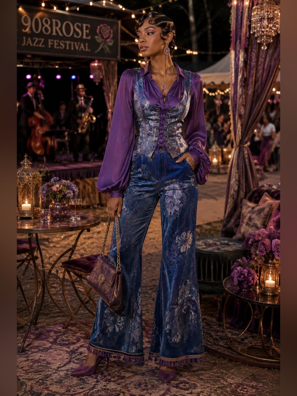 Royalty Purple Blue Brocade Lace-Up Corset Vest Top estimated M-L